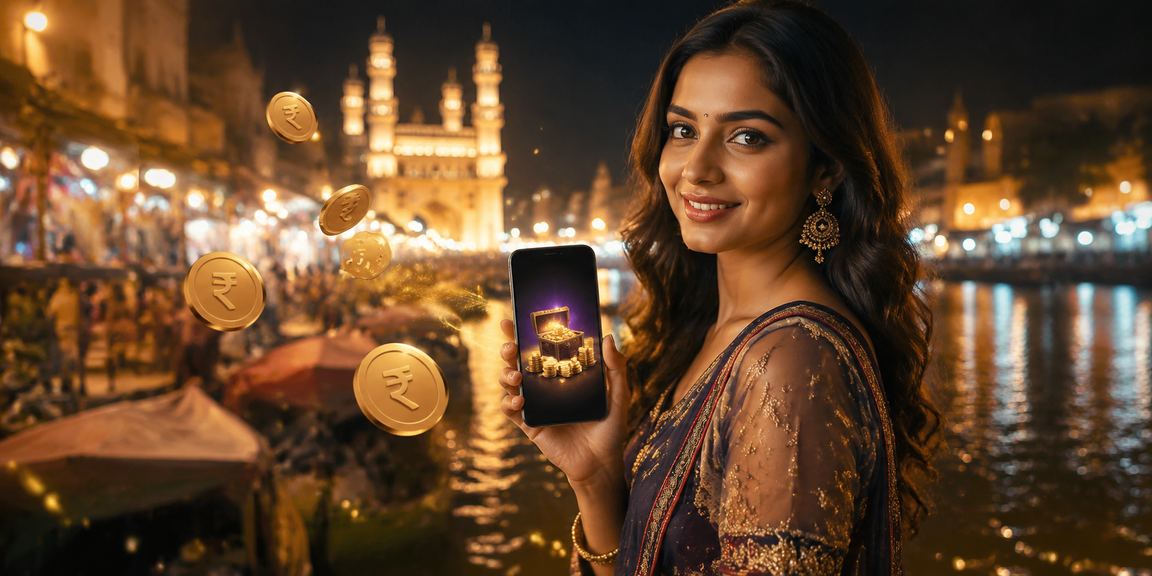 Hyderabad street with rummy players with promotional bonuses and bustling nightlife