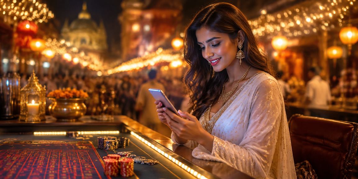 A vibrant Indian casino scene with players enjoying games in a saree and festive atmosphere