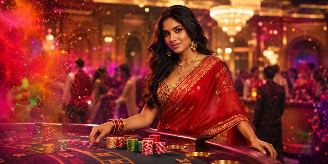 Vibrant Indian casino player enjoying colorful slot machine in traditional attire